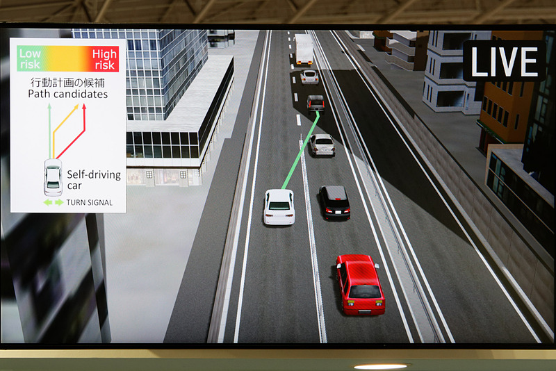 来場者が運転するのは赤いクルマ。自動運転車は白。衝突リスクに応じて進行方向の候補が矢印表示される。意地悪して自動運転車が合流させないようにすると、うまく後ろに並ぶ