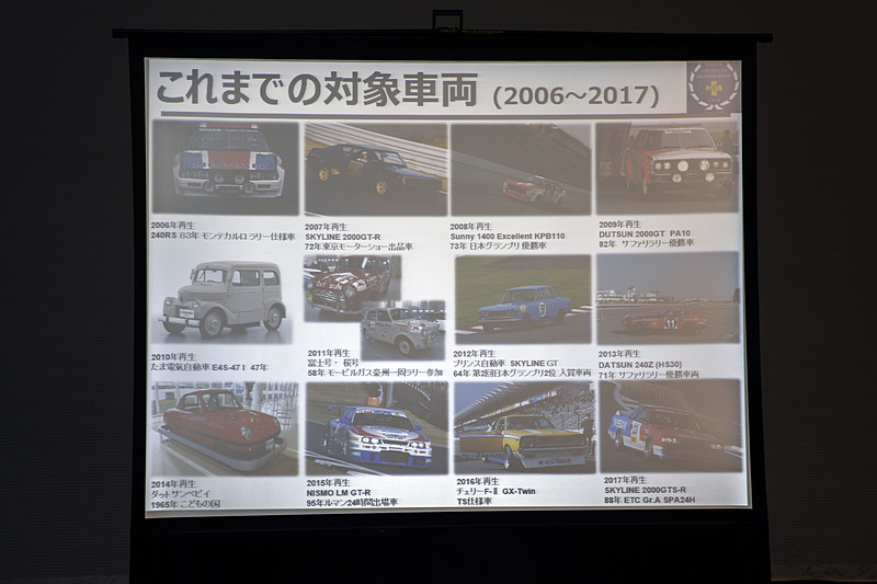 日産名車再生クラブについての解説と、これまで手がけてきた車両。ユニークなチョイスが多い印象