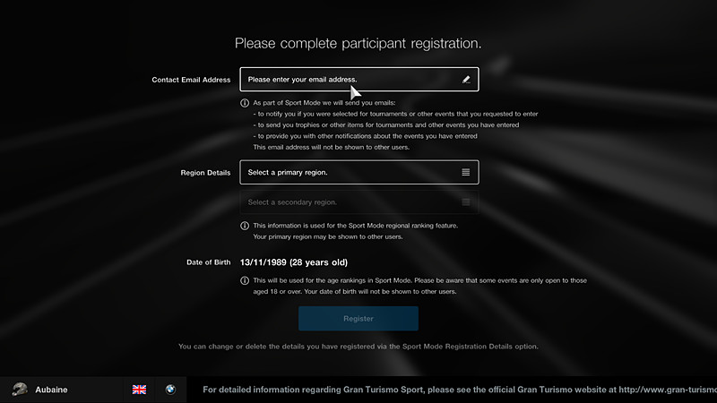 アップデート後の「スポーツモード」初回エントリー時にプレイヤーの情報登録の画面を表示。登録した居住地域の情報により、チャンピオンシップのローカルランキングなどが確認できるようになる