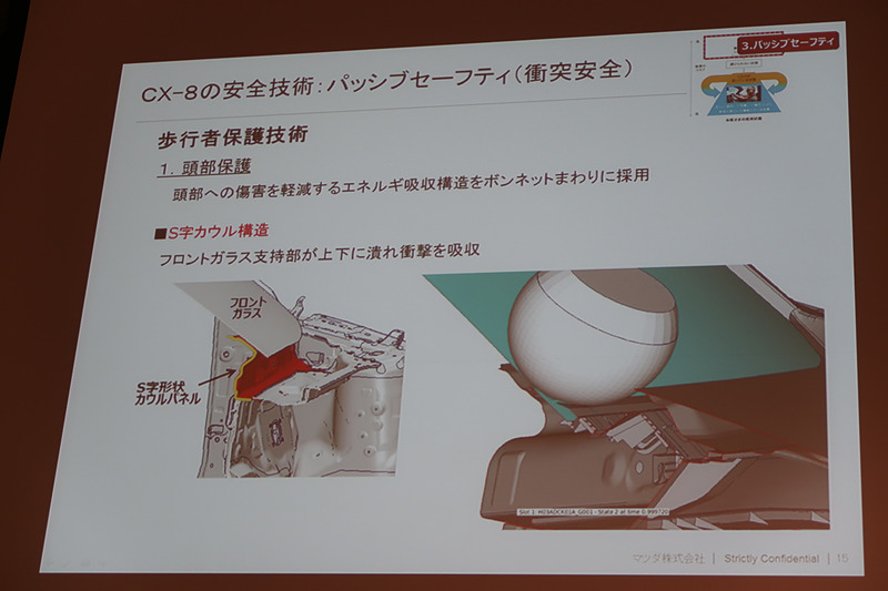 「アクティブボンネット」「S字カウル構造」「ロアスティフナー」などを使って歩行者に対するダメージを軽減