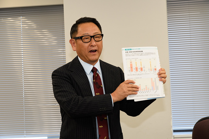 自工会の発行している「日本の自動車工業 2018」の50ページを示ししつつ、日本の自動車関係諸税が諸外国に比べて高額と語る