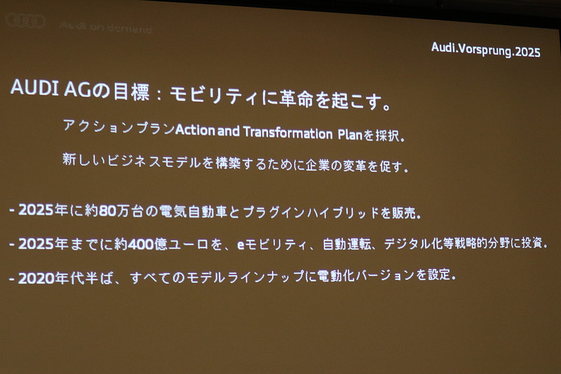 企業戦略「Audi.Vorsprung.2025」では電動化や自動化、デジタル化などによって「モビリティに革命を起こすこと」を目標としている