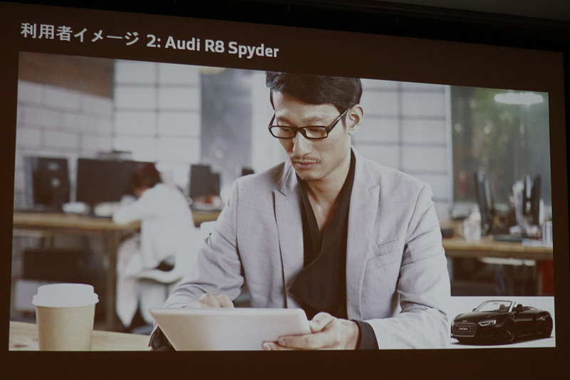 京都在住でクルマを所有しているIT企業経営者が、東京に出張したときにR8 スパイダーを借り出し、仕事後に郊外での遠距離ドライブでアウディのフラグシップモデルが持つ性能を確かめるという想定