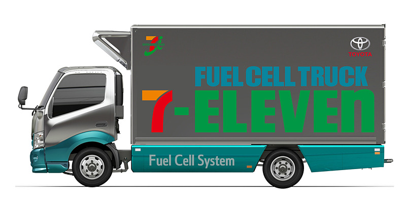 物流（首都圏）に導入する「FC小型トラック」。ボディサイズ6185×2180×2970mm（全長×全幅×全高）、最高出力114kW/155PS、水素貯蔵量は約7kg（3本）
