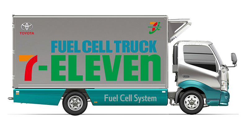 物流（首都圏）に導入する「FC小型トラック」。ボディサイズ6185×2180×2970mm（全長×全幅×全高）、最高出力114kW/155PS、水素貯蔵量は約7kg（3本）