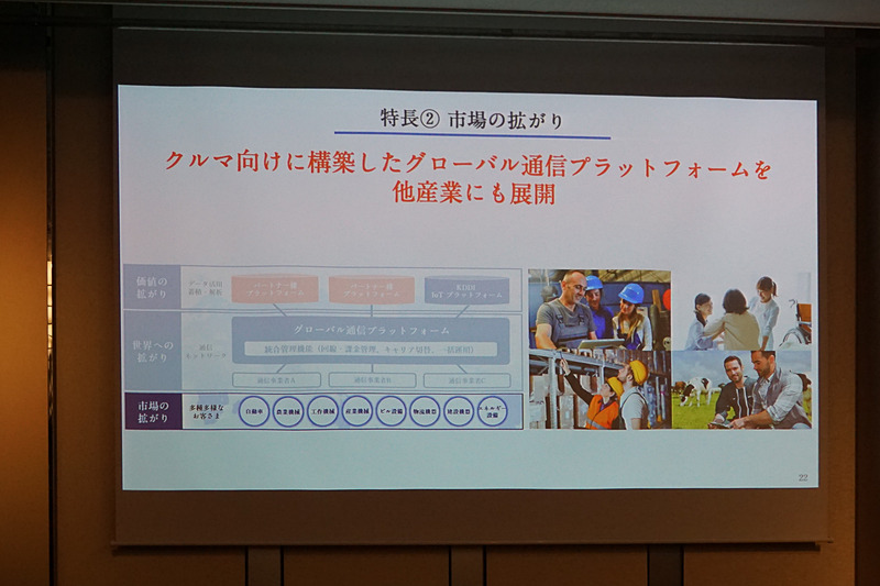 トヨタ自動車と自動車向けに開発してきたグローバル通信プラットフォームを軸にIoT世界基盤を推進してきたKDDIの取り組みを示したスライド