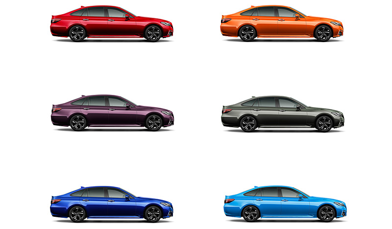 「ジャパンカラーセレクションパッケージ」の6色。左側の列が上から「紅（クレナイ・リッチレッドクリスタルシャインガラスフレーク）」「夜霞（ヨガスミ・ダークレッドマイカメタリック）」「碧瑠璃（ヘキルリ・ダークブルーマイカメタリック）」、右側の列が上から「茜色（アカネイロ・オレンジメタリック）」「翡翠（ヒスイ・アルミナジェイドメタリック）」「天空（ソラ・ピュアブルーメタリック）」