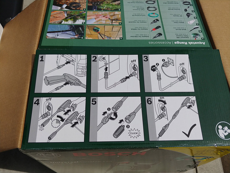 箱に記載されている組み立て手順。ホースの継ぎ手が2つあるなど、実際の製品とは違うところがあるので、こちらはあまり参考にしない方がよさげ