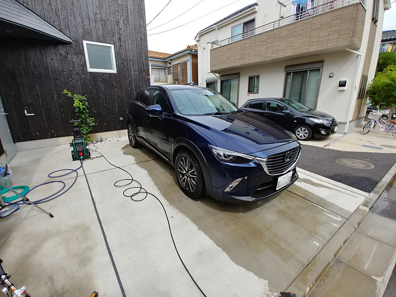 高圧洗浄機の水洗いが完了。ここから手洗いし、シミ取りへ