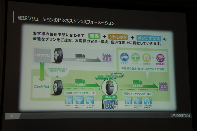 従来はタイヤを売った段階でブリヂストンとユーザーの関係は終了していたが、リトレッド事業をスタートさせたことで継続的なタッチポイントとなり、ユーザー側でも1つのタイヤをリトレッドして2回、3回と使える経済性の高さがメリットになる