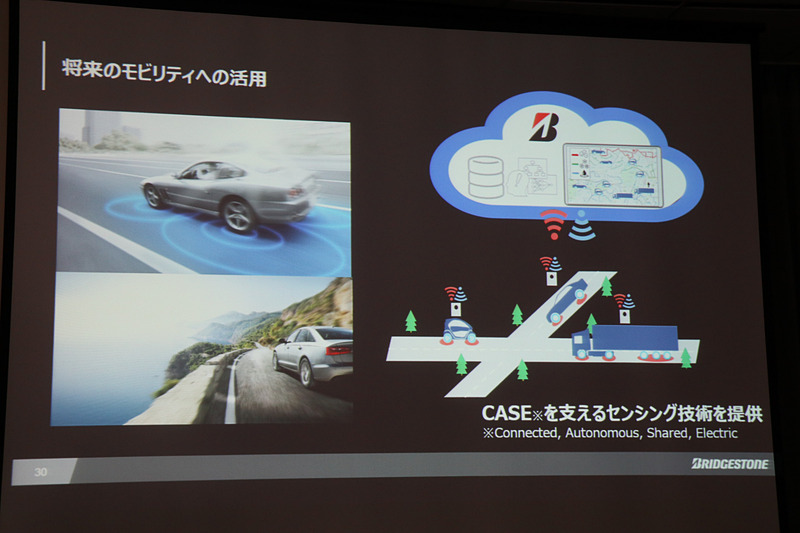 乗用車用タイヤに設置して路面状況をリアルタイムに認識する「CAIS（カイズ）」の技術説明。現状ではさまざまなユーザーが利用する乗用車用タイヤでデジタルトランスフォーメーションの展開は行なっていないが、将来的にカーシェアが一般化して法人所有の車両などが増えてきた場合には、ブリヂストンの技術を何らかの形で活用できるシーンが出てくると想定し、いくつかの取り組みを行なっていると三枝氏はコメント