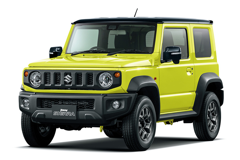 ジムニーシエラはJCにルーフがブラックになる2トーンカラーを設定。こちらは「キネティックイエローブラック2トーンルーフ」