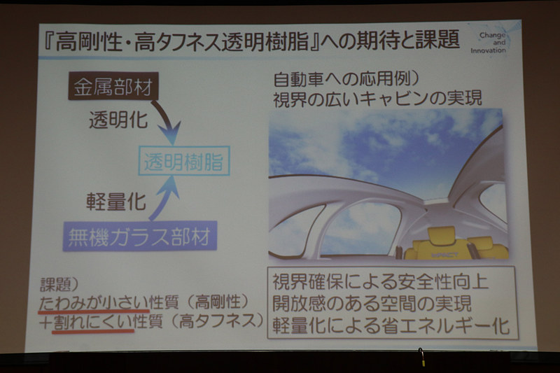 樹脂によるフロントウィンドウで「視界確保による安全性向上」「開放感のある空間の実現」「軽量化による省エネルギー化」の実現を目指す