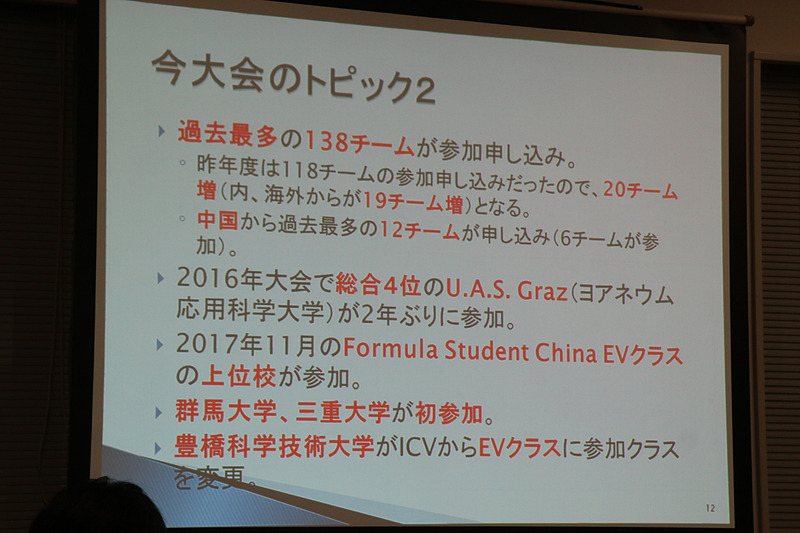 今大会で群馬大学と三重大学が初参加。豊橋科学技術大学はICVクラスからEVクラスにクラス変更している