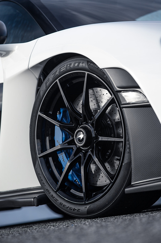 エクステリアではフロントのスプリッターやリアのダブル・ディフューザー、巨大なカーボンファイバー製リアウィングで空力性能を高めたほか、カーボンセラミック製ディスクを用いたブレーキシステム、公道での走行とともにサーキットでの使用を想定したピレリ「P Zero Trofeo R」（フロント245/35 ZR19、リア315/30 ZR20）などを採用
