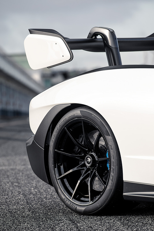 エクステリアではフロントのスプリッターやリアのダブル・ディフューザー、巨大なカーボンファイバー製リアウィングで空力性能を高めたほか、カーボンセラミック製ディスクを用いたブレーキシステム、公道での走行とともにサーキットでの使用を想定したピレリ「P Zero Trofeo R」（フロント245/35 ZR19、リア315/30 ZR20）などを採用