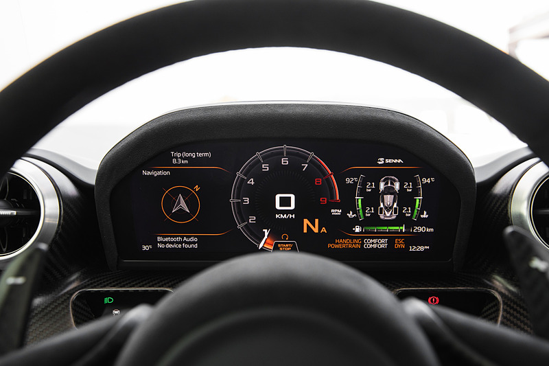 インテリアでは、ヘルメットを装着している場合に下側が死角になることを配慮し、運転中に必要な情報を高い位置にまとめるレイアウトを採用。装備面では軽量化にひと役買うバケットシート、カーボン製の大型パドルなどが目をひく