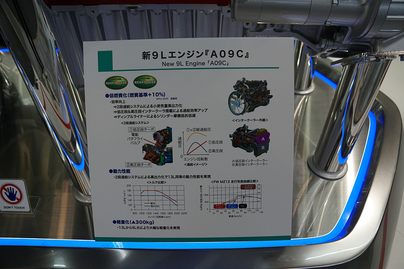 エンジンやヘッドライト、シートやインパネなどを展示する、日野自動車ブース