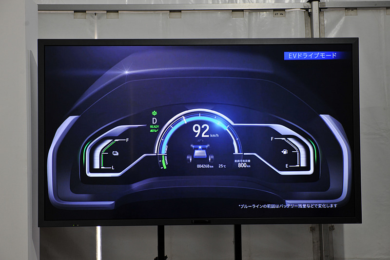スピードメーター上部のブルーラインでEV走行可能領域を可視化