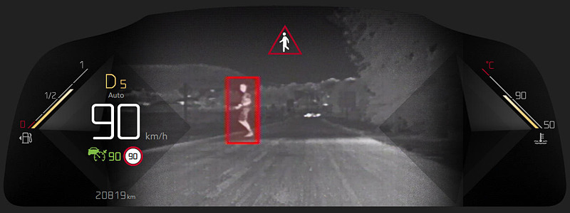 夜間走行時に前方を赤外線カメラで監視し、その映像をインストルメントパネルに投影する「DS ナイトビジョン」