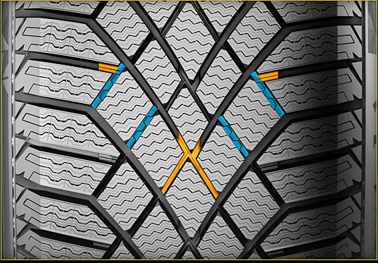 「S-I ジョイント・コンポーネント」：パターン中央部とショルダー部に配置する「ソリッド・リンケージ」（黄色部分）、中間部に配置する「インターロック・ブリッジ」（青色部分）