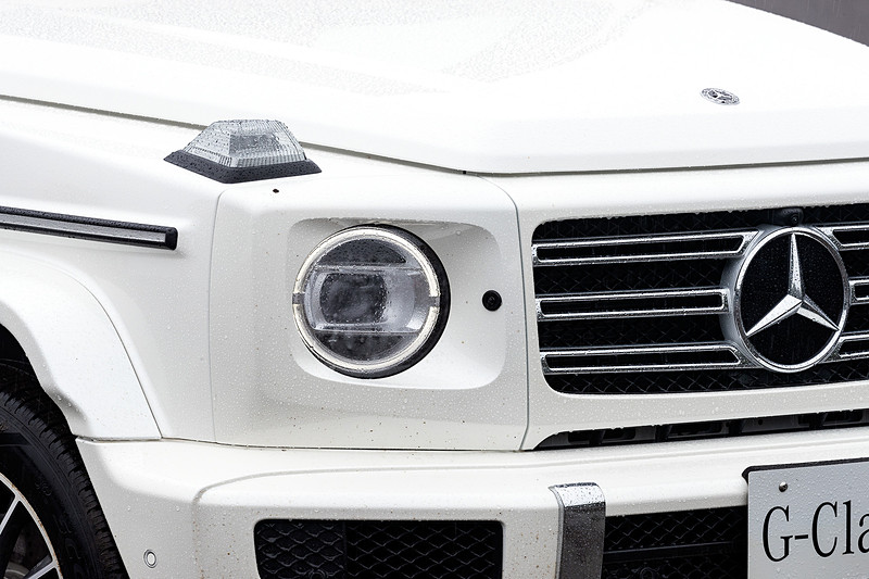 エクステリアでは堅牢なプロテクションモール、テールゲート外側のスペアタイヤ、外部に設けたドアヒンジとボディ面に載せるスタイルのボンネット、突出したウインカーなど、Gクラス独自のデザインを踏襲。一方でフラットなフロント/サイド/リアウィンドウは、リアウィンドウを除いてすべて微細な曲面を描いており、オフローダーとしての個性を継承しながらエアロダイナミクスを向上させている。タイヤはピレリのオールシーズンタイヤ「SCORPION ZERO」（タイヤサイズ：275/50 R20）