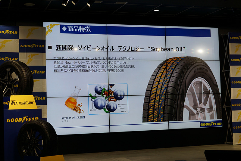 アシュアランス ウェザーレディーの製品特徴。トレッドパターンは非対称で、ウエットコンディションでの高い排水性、雪道や氷上でのトラクション性能を確保している