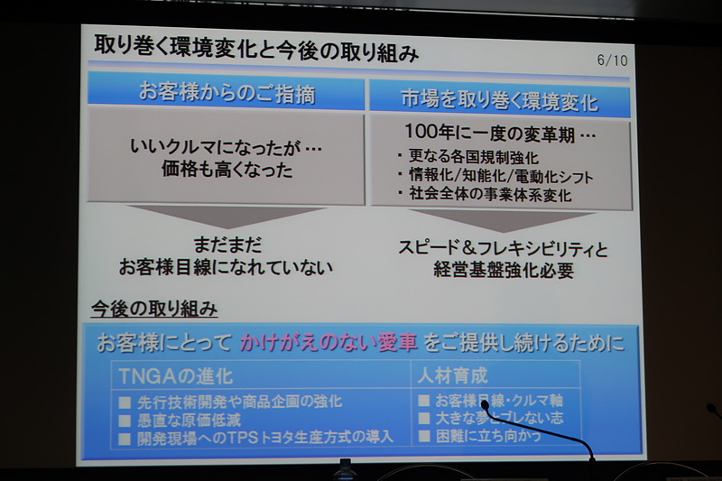 TNGAモデルを市場投入したあとの振り返りでは、ユーザーから車両価格のアップが指摘され、まだ「お客さま目線」が足りないことを反省点としている