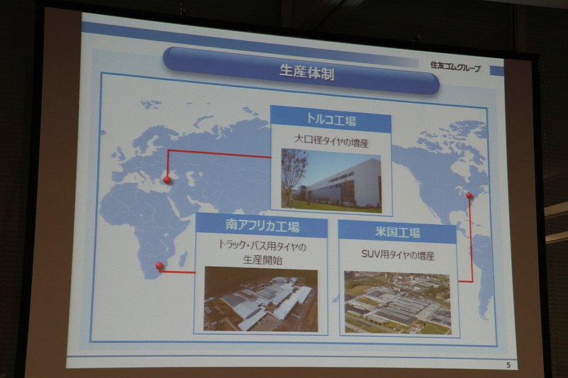 海外のタイヤ生産で中心となる米国、トルコ、南アフリカの3工場。各対応市場でニーズのあるタイヤの生産を拡大している