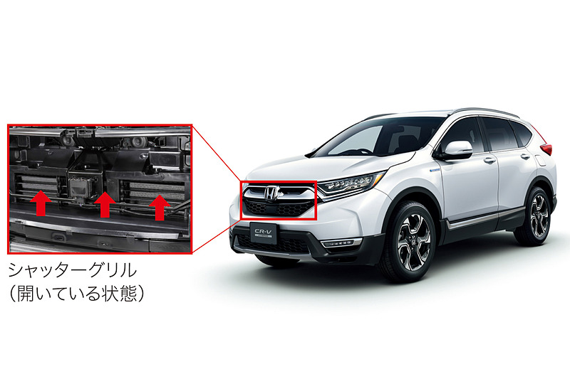 フロントアッパーグリルの内側に、国内販売するホンダ車として初めてシャッターグリルを採用。エンジン水温に合わせて自動開閉し、エンジンルーム内の空気抵抗を低減