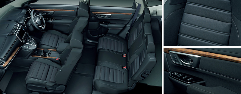 内装色とシートは、EXとHYBRID EXがブラックのファブリックシート（左）、EX・MasterpieceとHYBRID EX・Masterpieceは、ブラック（中央）、またはブラウン（右）の本革シートを設定