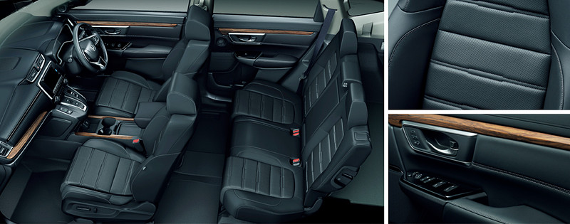 内装色とシートは、EXとHYBRID EXがブラックのファブリックシート（左）、EX・MasterpieceとHYBRID EX・Masterpieceは、ブラック（中央）、またはブラウン（右）の本革シートを設定