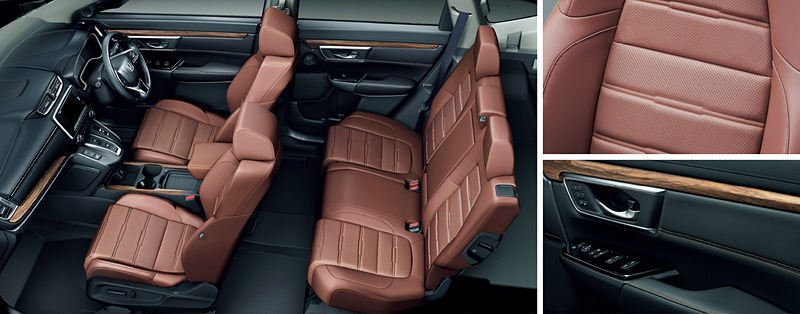内装色とシートは、EXとHYBRID EXがブラックのファブリックシート（左）、EX・MasterpieceとHYBRID EX・Masterpieceは、ブラック（中央）、またはブラウン（右）の本革シートを設定
