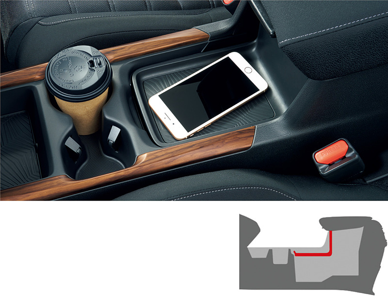 センターコンソールボックスはL字型の大型可動式トレーをスライドさせたりすることで、「通常モード」（左）、「BOXアクセスモード（中央）、「大容量開放モード」（右）の3パターンに使い分け可能。大容量開放モードはタブレットやハンドバッグなどの収納を想定している