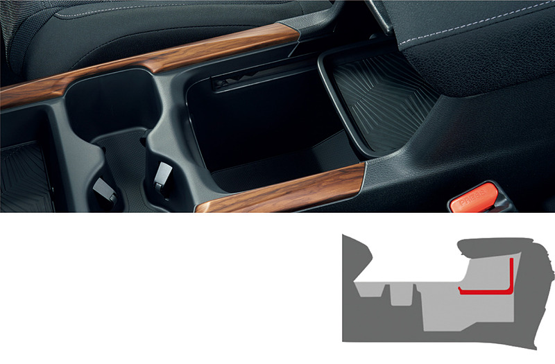 センターコンソールボックスはL字型の大型可動式トレーをスライドさせたりすることで、「通常モード」（左）、「BOXアクセスモード（中央）、「大容量開放モード」（右）の3パターンに使い分け可能。大容量開放モードはタブレットやハンドバッグなどの収納を想定している