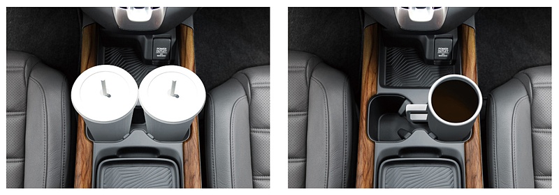運転席と助手席の間にあるコンソールカップホルダーは中央を連続させ、取っ手の回避スペースを用意。多彩な形状のマグカップに対応できるようにしている