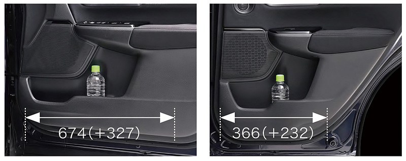 ドアスピーカーのレイアウトを変更して前後のドアポケットを拡大。タブレットや折りたたみ傘なども収納可能な大容量スペースとした