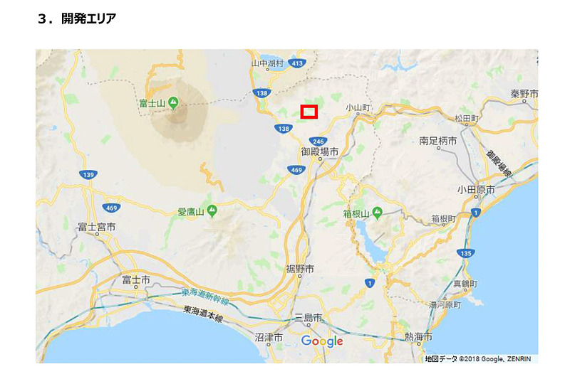 モータースポーツビレッジ計画（仮称）の開発エリア。新東名高速道路の開通後、クルマでのアクセスは東京から約1時間、名古屋から約2時間30分となる