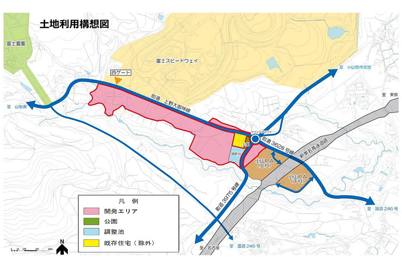 モータースポーツビレッジ計画（仮称）の開発エリア。新東名高速道路の開通後、クルマでのアクセスは東京から約1時間、名古屋から約2時間30分となる