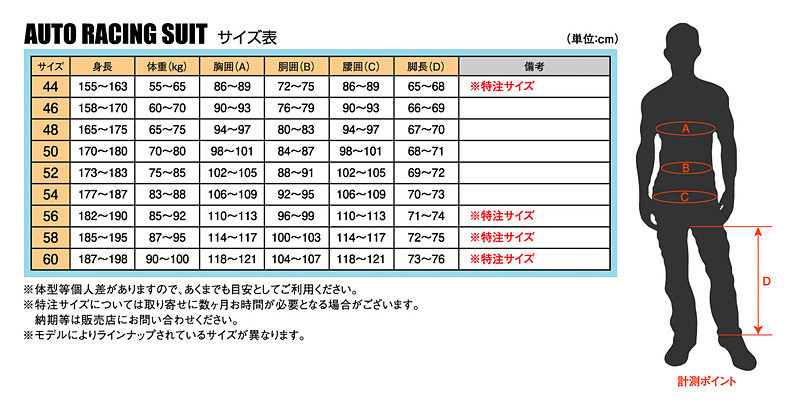 「四輪用レーシングスーツ」のサイズ表
