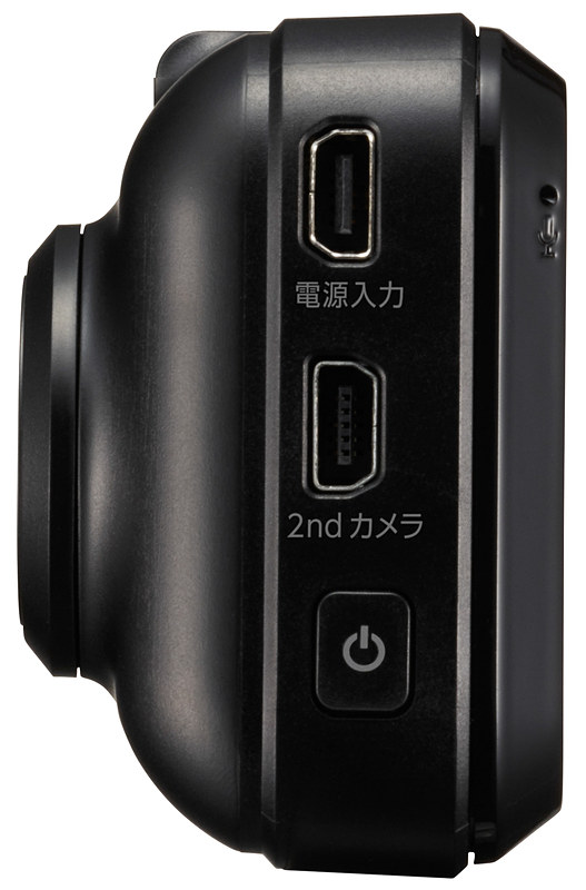 メインユニットの両側面と下側。助手席側（左）の側面に、電源供給と2ndカメラ接続用のminiUSB端子、電源ボタンを設定。運転席側（右）の側面にはメニュー操作などのボタン4つが用意され、下側にmicroSDスロットを備える