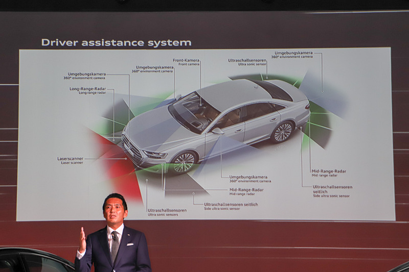 ドライバーアシスタンスシステムについて。5つのカメラ、5つのレーダーセンサー、12個の超音波センサーに加え、量産車として初めてレーザースキャナーを採用して最大23個のセンサーを搭載する