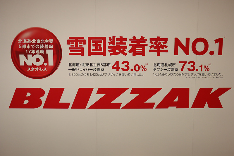 発表会の会場では、販売中のブリザックシリーズである「DM-V2」「VRX」「VRX2」を展示したほか、各種解説パネルなどを設置