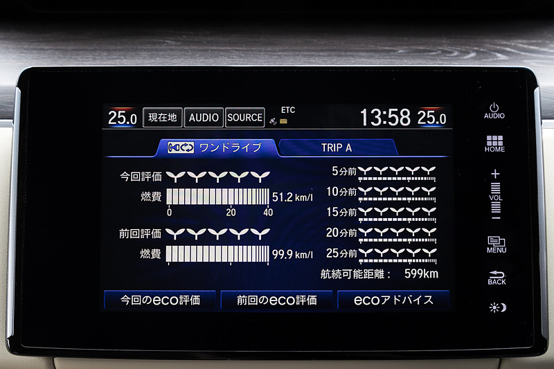 8インチワイドディスプレイを採用するホンダ インターナビは、航続可能距離や充電スタンドの検索と目的地設定などの専用機能を採用