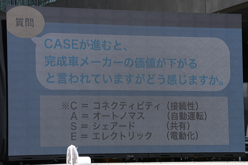 「CASE」についての質問で、リアルワールドで自動車生産を行なっている自工会だけでなく、IT業界のスペシャリストの解説も必要とする豊田会長