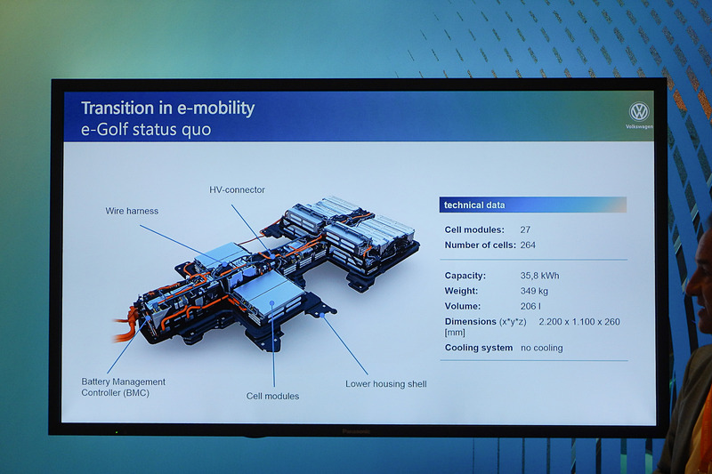 e-ゴルフのバッテリーシステム。容量は35.8kWh、システム全体の重量は349kg