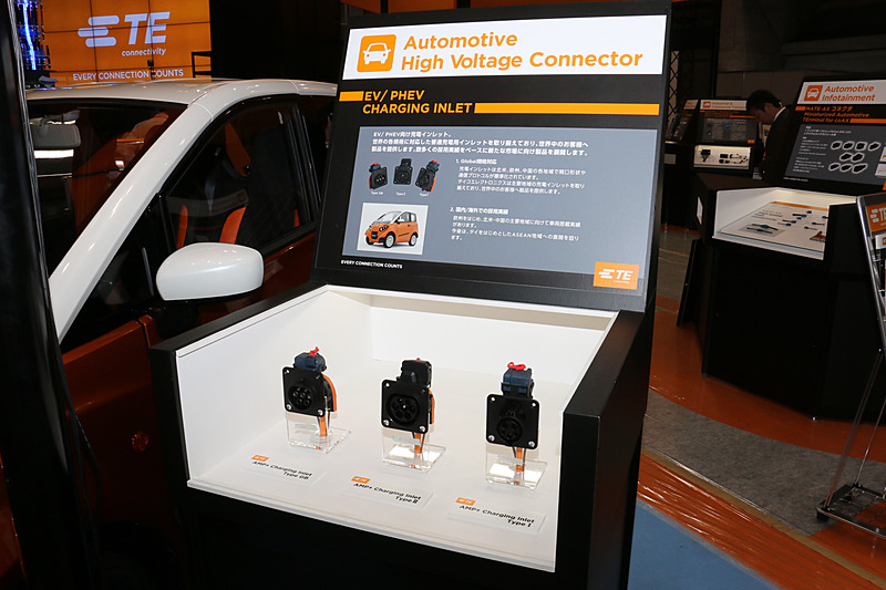 FOMM ONEと並んで行なわれた「充電インレット」の製品展示