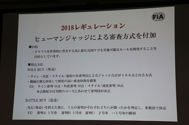 1台で走る「SOLO RUN」は機械計測と審査員のジャッジの合計点で争われ、2台で走る「BATTLE RUN」は3人の審判員による多数決で勝者が決まる