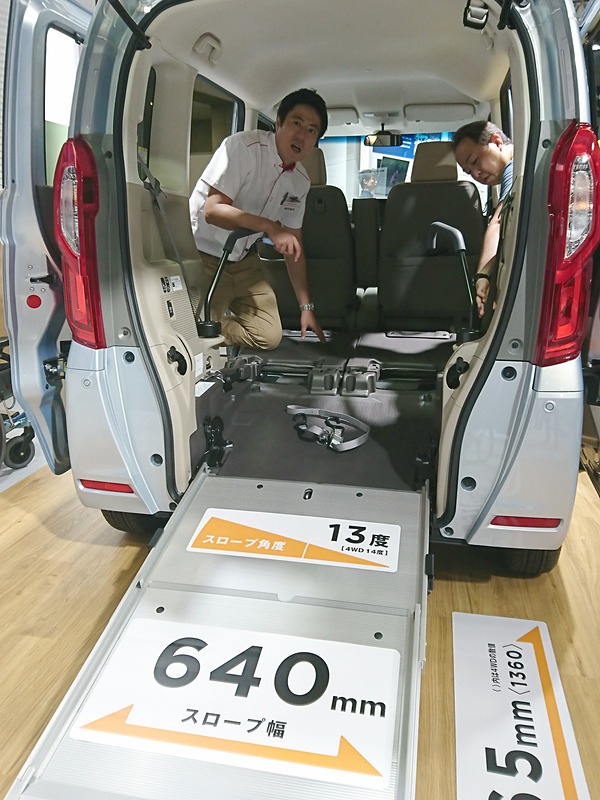 中央の盛り上がったヒンジの左右に車いすのフロントキャスターを入れ、その後車体をバンドで固定する。スロープ引き出しから車体の固定まで、慣れるとひとりでも5分ほどでできそうな感じ