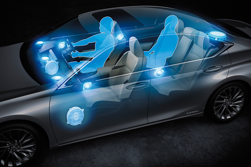 “version L”と“F SPORT”でオプション装着可能な“マークレビンソン”プレミアムサラウンドサウンドシステム。車内7ロケーションに設定する9cm Unityスピーカー、フロントドアの8×9インチウーファー（計2個）、リアシート後方の26.5cmサブウーファーの全17スピーカーで構成